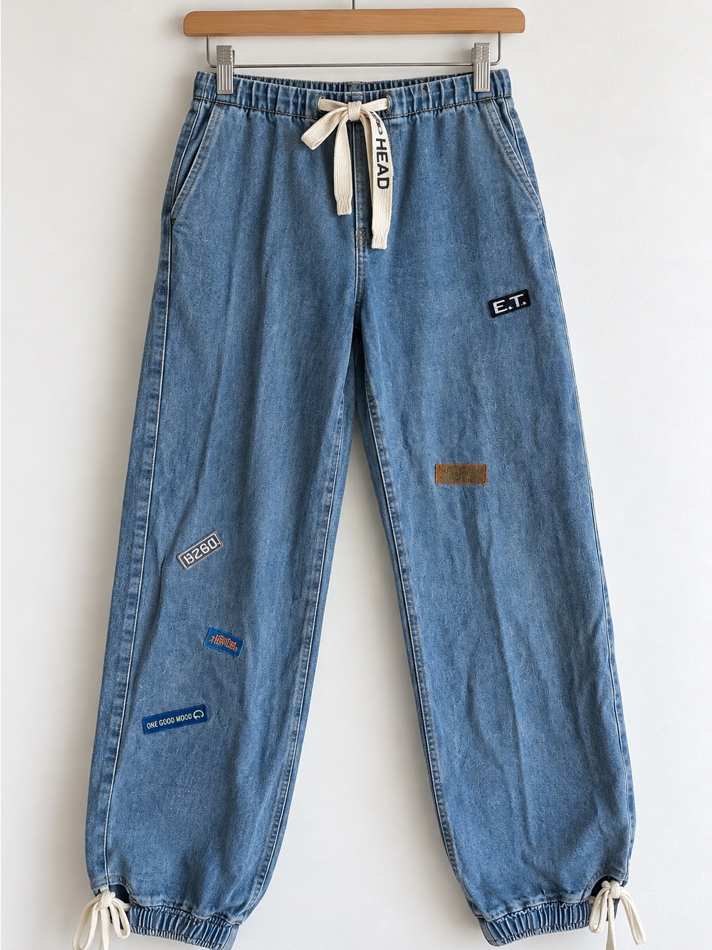 Embroidered Light Blue Relaxed Denim Joggers